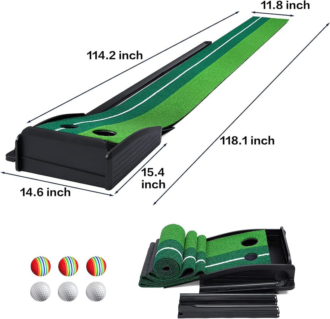 Indoor golf putting mat with auto ball return and realistic turf surface for practice.