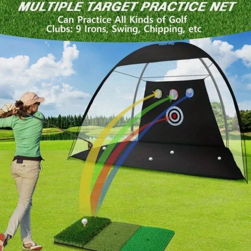 Golfer practicing drives into a deluxe golf practice net set with target holes and hitting mat outdoors