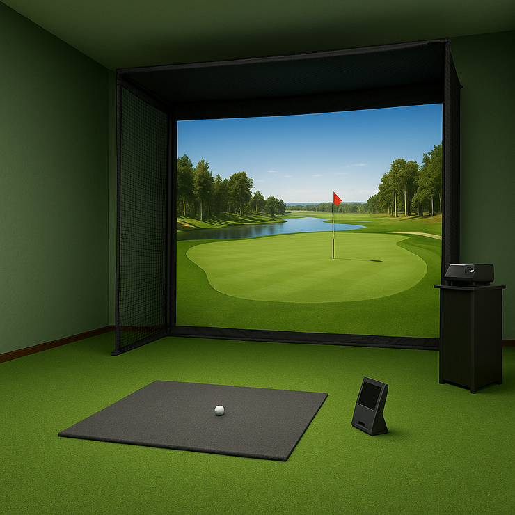 Indoor setup featuring one of the best home golf simulators with realistic green landscape backdrop
