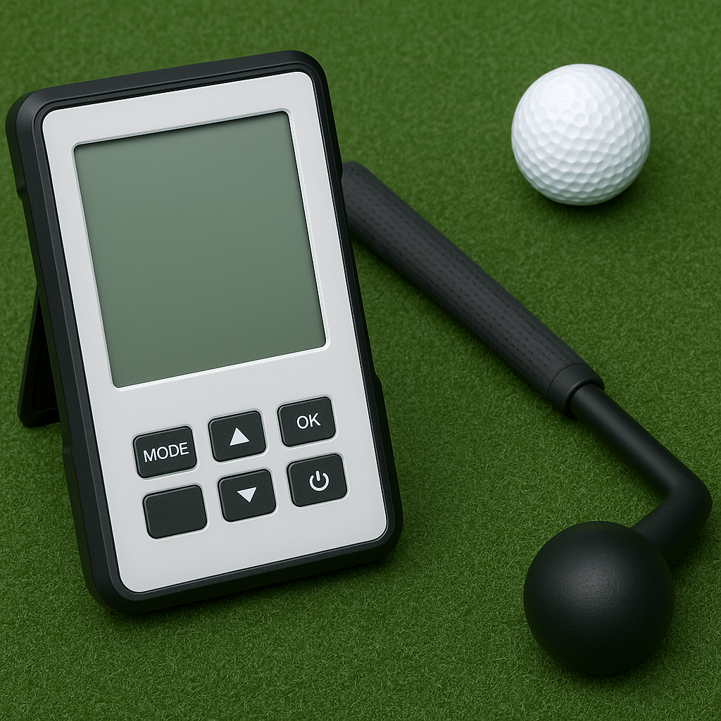 Golf training aids including a digital device and a practice tool on a green surface