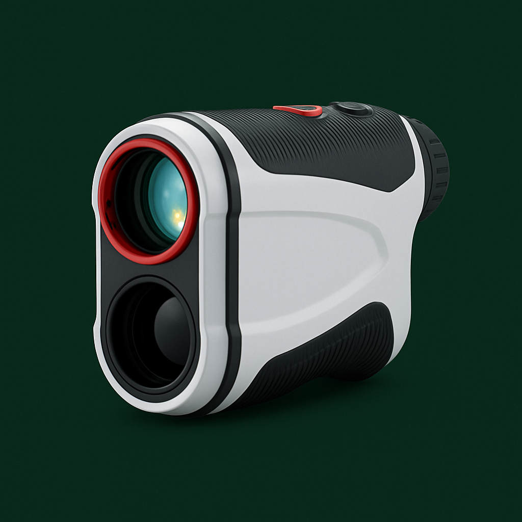 White and black compact laser rangefinder with red accents on green background for golf rangefinders for sale