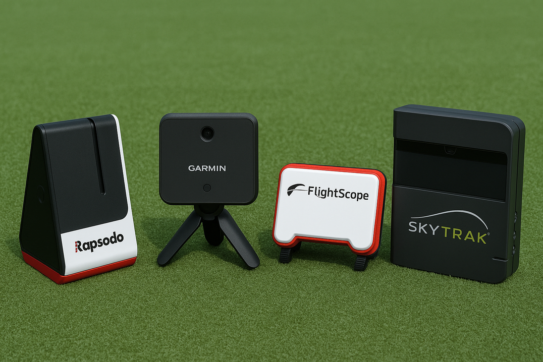 golf launch monitors for sale displayed on turf including Rapsodo Garmin FlightScope and SkyTrak models