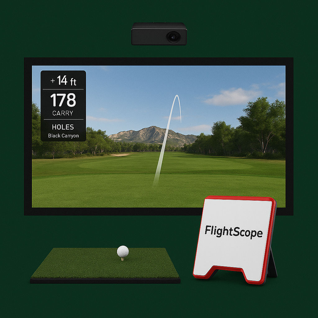 Indoor golf simulator setup with large screen, FlightScope launch monitor, hitting mat and tee for golf simulators for home