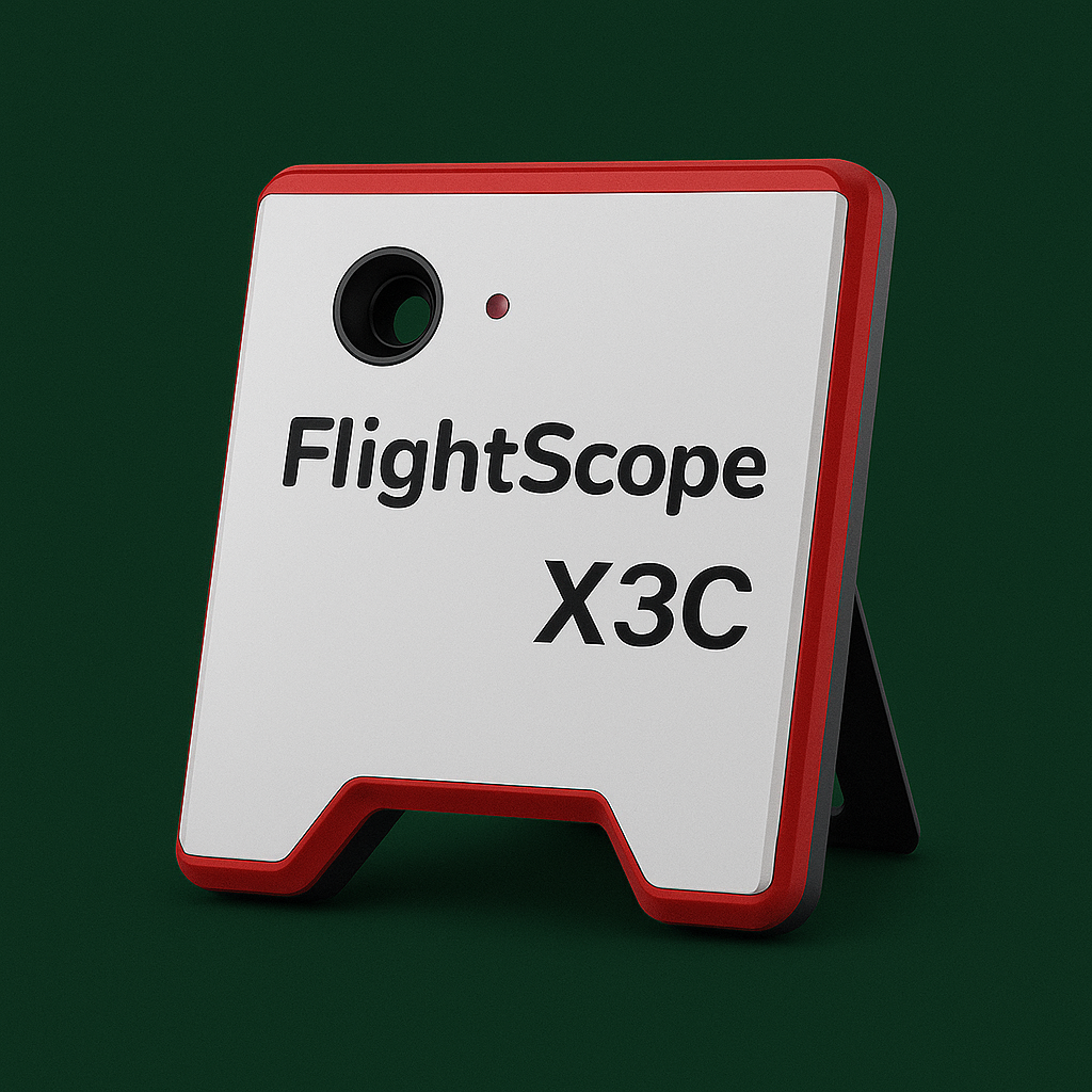 FlightScope X3C launch monitor angled on stand representing professional golf tech and discount golf training tools
