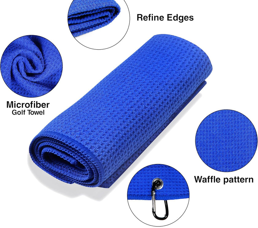 Golf Towel, Microfiber Golf Towels with Waffle Pattern Tri-Fold Golf Accessories for Men | Golf Brush Tool Kit | Grey Golf Towel | Golf Towels for Golf Bags with Clip (Grey) (Blue)