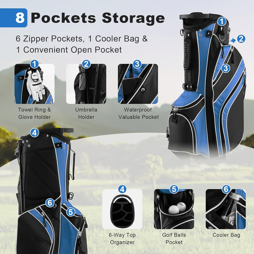 Golf Stand Bag, 6 Way Divider Golf Club Bag with 8 Pockets, Rain Hood, Umbrella Holder & Glove Sticker, Portable Lightweight Golf Bag for Men Women