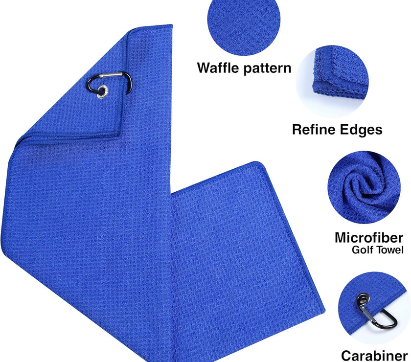 Golf Towel, Microfiber Golf Towels with Waffle Pattern Tri-Fold Golf Accessories for Men | Golf Brush Tool Kit | Grey Golf Towel | Golf Towels for Golf Bags with Clip (Grey) (Blue)