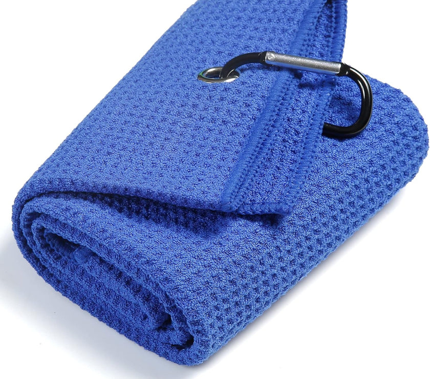 Golf Towel, Microfiber Golf Towels with Waffle Pattern Tri-Fold Golf Accessories for Men | Golf Brush Tool Kit | Grey Golf Towel | Golf Towels for Golf Bags with Clip (Grey) (Blue)
