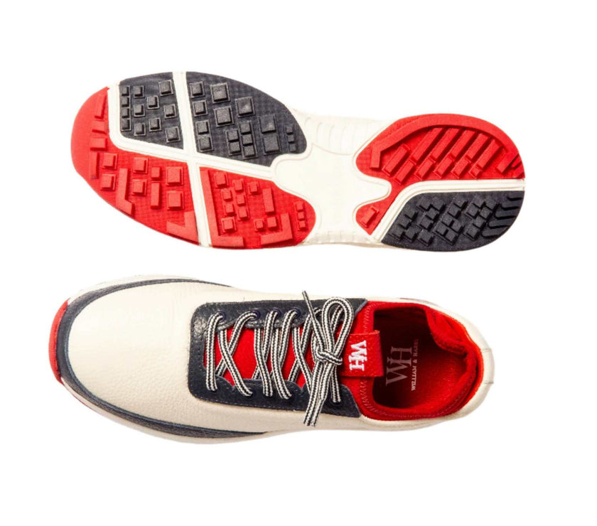 Navy and red women's Lynx deerskin spikeless golf shoes with cushioned mesh lining and memory