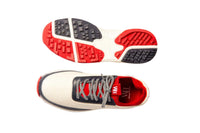Navy and red women's Lynx deerskin spikeless golf shoes with cushioned mesh lining and memory