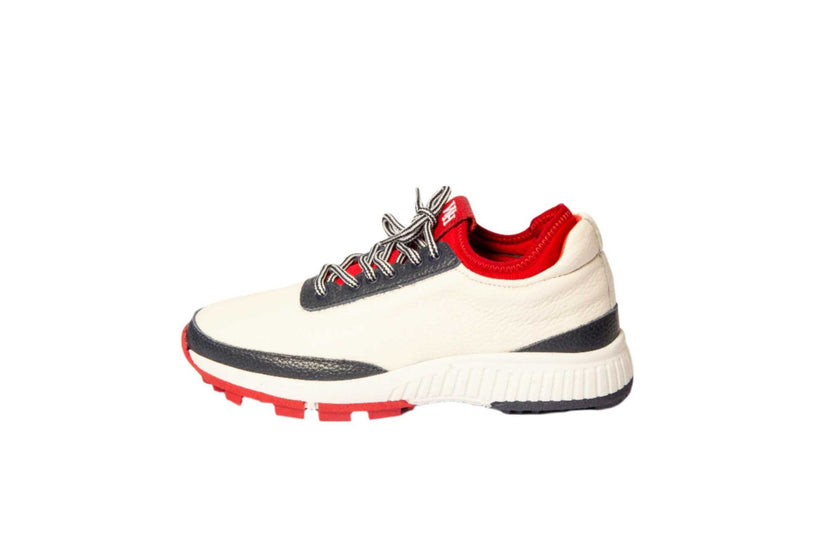 Women's Lynx Deerskin Golf Shoes, navy and red accents, spikeless design, comfortable fit.