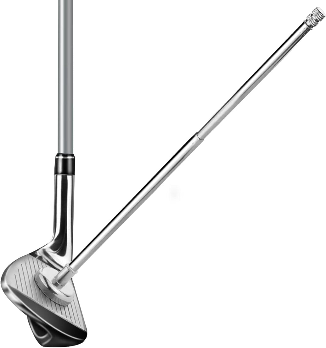 Under Par Discount Golf chrome alignment rods with iron club demonstrating aiming setup for practice golf alignment rods sale