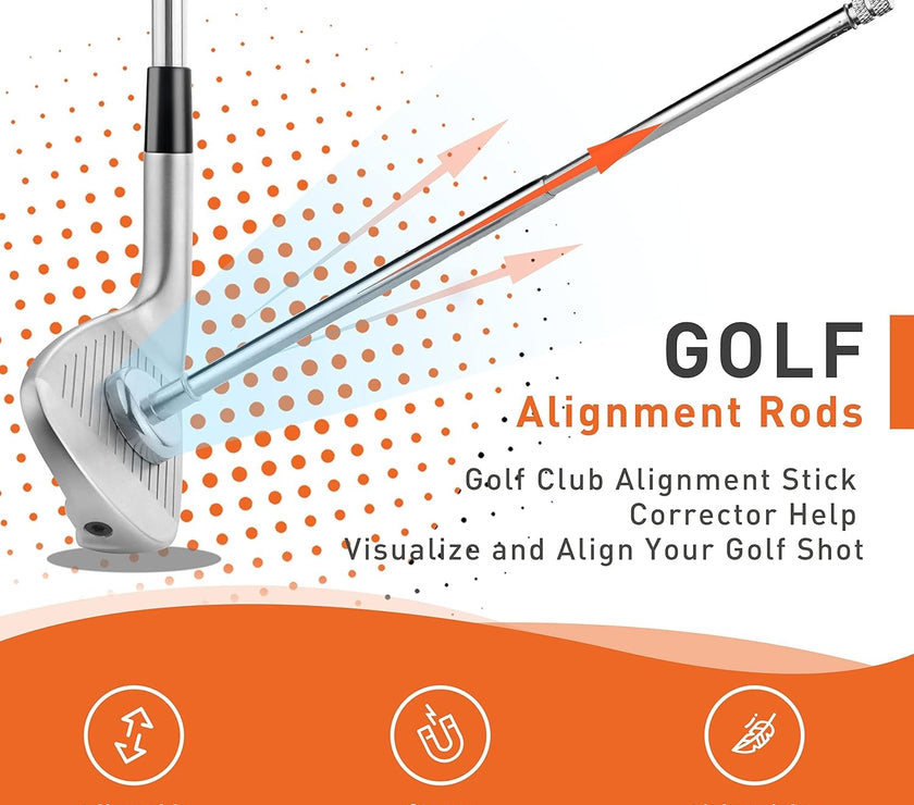 Under Par Discount Golf chrome golf alignment rods sale showing rod across clubface arrows and feature icons