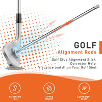Under Par Discount Golf chrome golf alignment rods sale showing rod across clubface arrows and feature icons