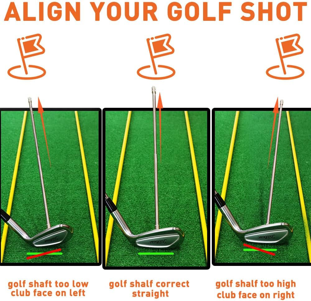 Under Par Discount Golf demo showing three panel alignment with club face positions and golf alignment rods sale
