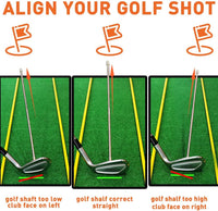 Under Par Discount Golf demo showing three panel alignment with club face positions and golf alignment rods sale