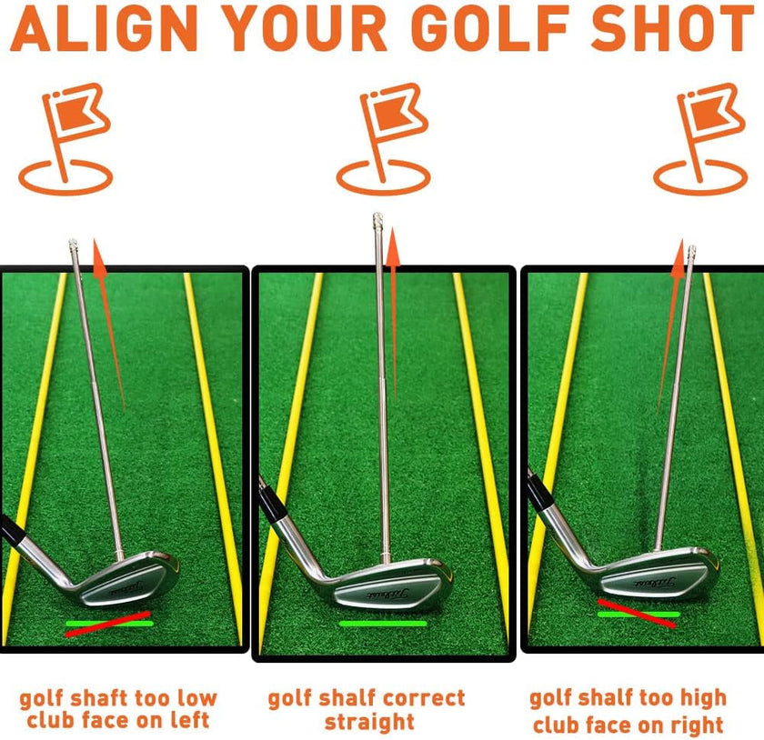 Under Par Discount Golf demo showing three panel alignment with club face positions and golf alignment rods sale