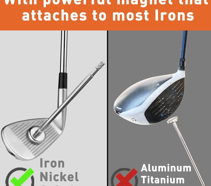 Under Par Discount Golf magnetic golf alignment rods sale showing rod attached to iron but not to aluminum driver