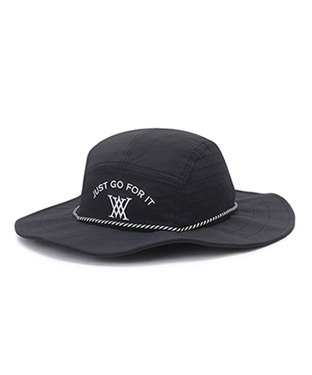 ANew golf stitch hat in black with a wide brim and 'Just Go For It' embroidery