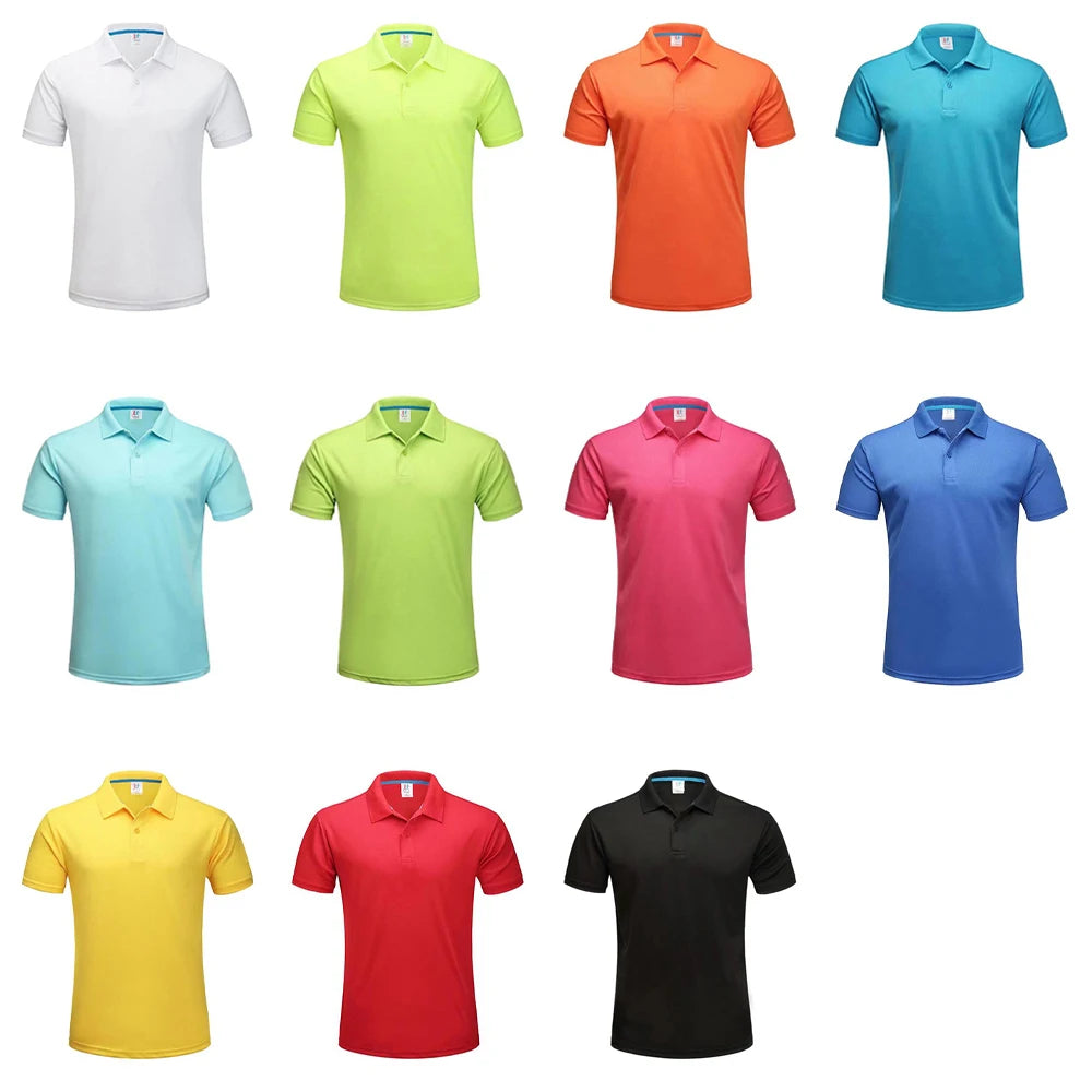 Variety of breathable golf shirts in multiple colors including white, orange, and blue for comfortable play