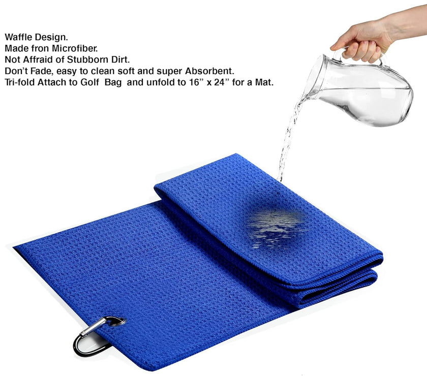 Golf Towel, Microfiber Golf Towels with Waffle Pattern Tri-Fold Golf Accessories for Men | Golf Brush Tool Kit | Grey Golf Towel | Golf Towels for Golf Bags with Clip (Grey) (Blue)