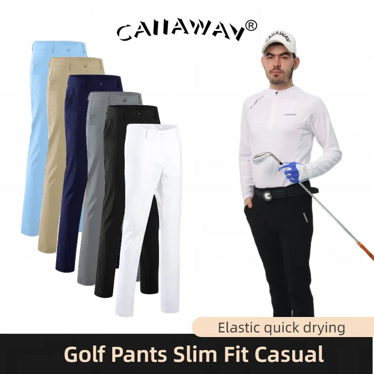 Callaway slim fit golf pants in various colors, featuring quick drying fabric and designed as breathable golf pants for men