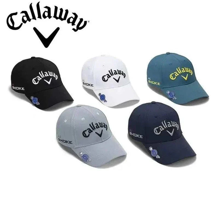 Callaway golf hat for men in black, gray, navy, and white options with logo design