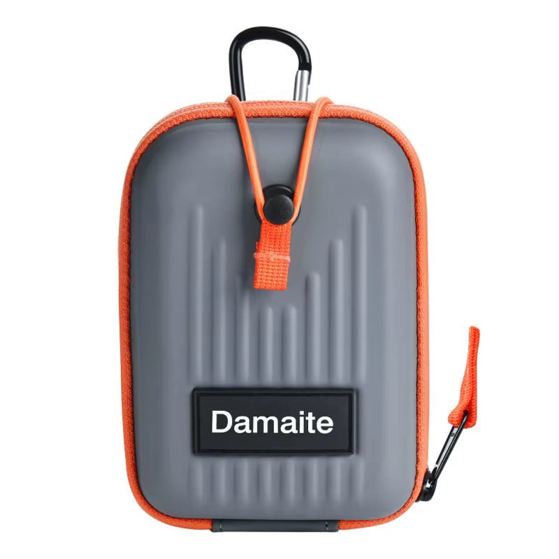 Damaite gray hard shell portable golf rangefinder case with orange trim carabiner clip and zipper