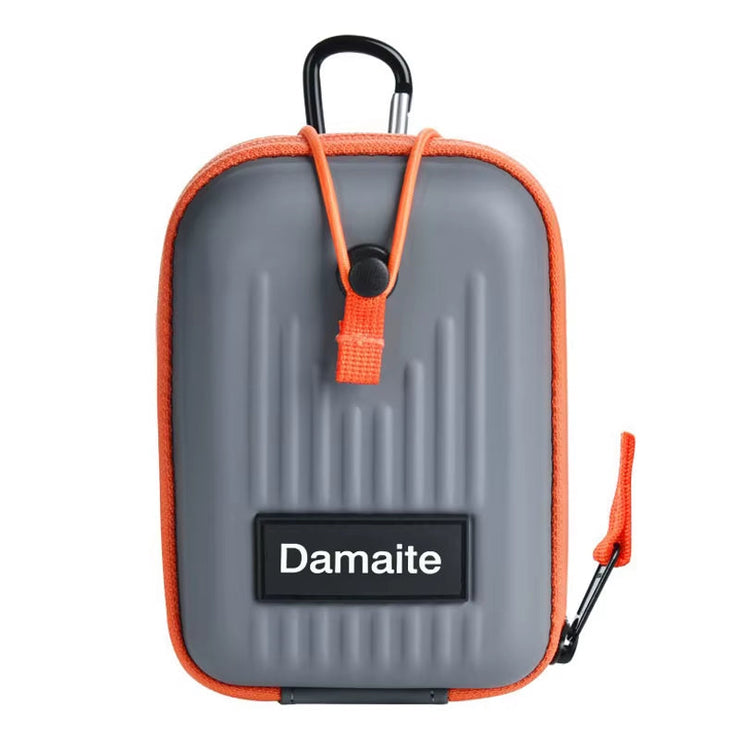 Compact portable golf rangefinder case in gray with orange trim, shockproof and weather-resistant with carabiner clip for easy attachment.