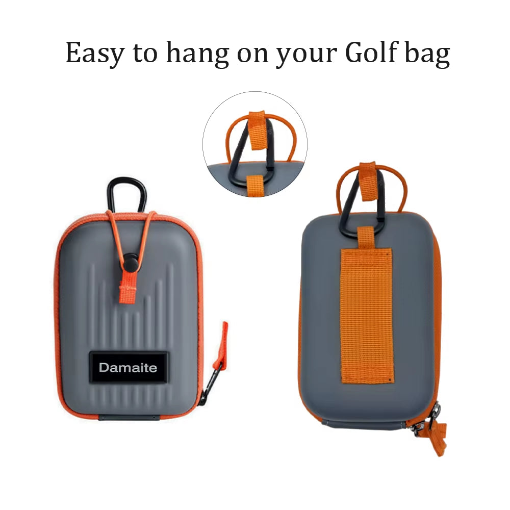 Portable golf rangefinder case in gray and orange with carabiner clip for easy attachment to golf bag, shockproof and compact design.