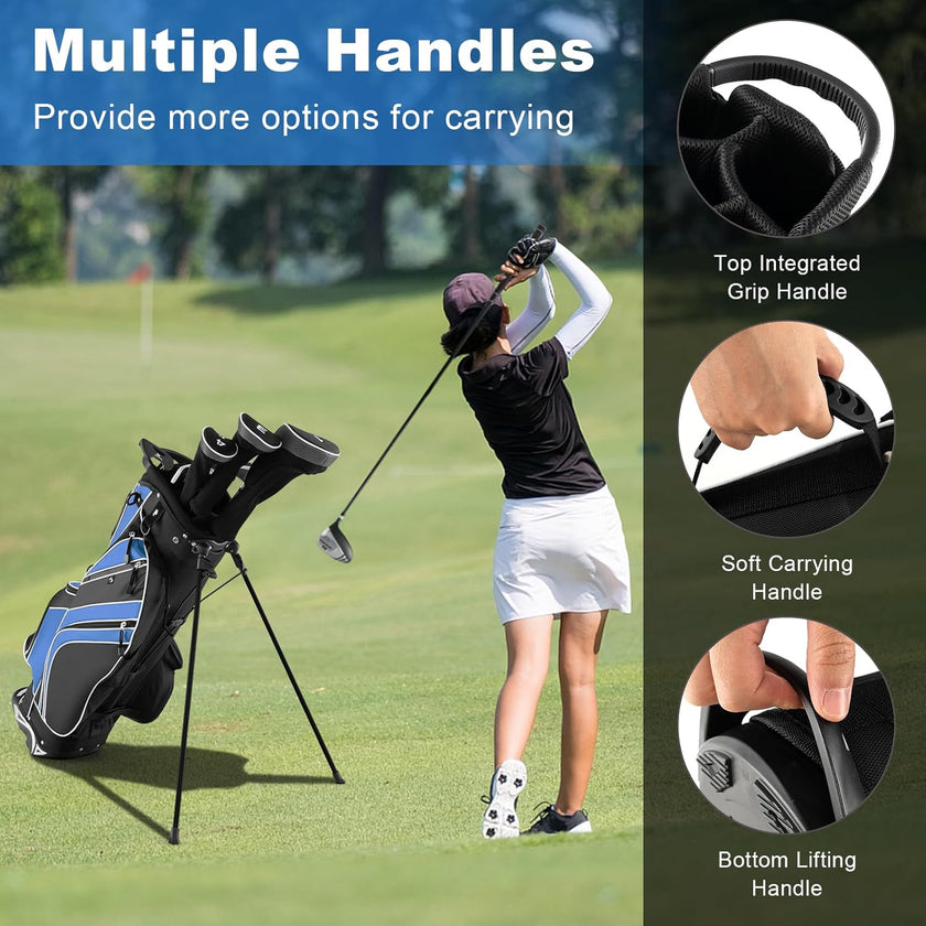 Golf Stand Bag, 6 Way Divider Golf Club Bag with 8 Pockets, Rain Hood, Umbrella Holder & Glove Sticker, Portable Lightweight Golf Bag for Men Women