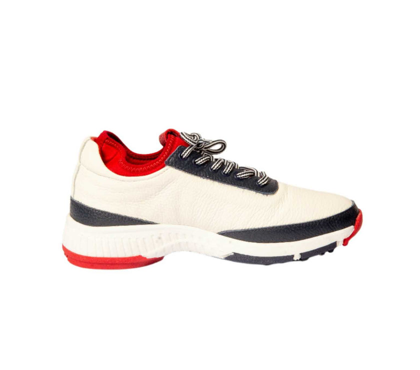Women's Lynx Deerskin Golf Shoes in navy and red, featuring