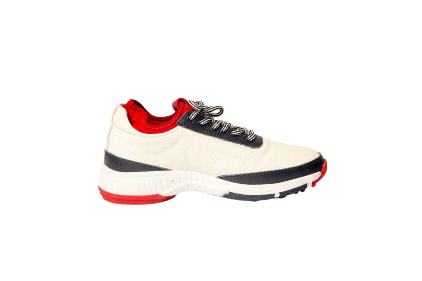 Women's Lynx Deerskin Golf Shoes in navy and red, featuring