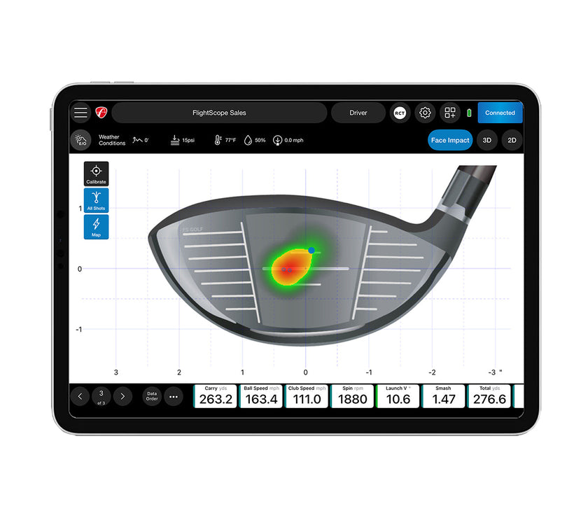 FlightScope impact tracker software on tablet showing driver face heatmap impact and shot metrics