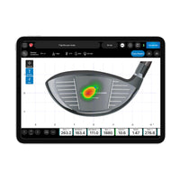 FlightScope impact tracker software on tablet showing driver face heatmap impact and shot metrics