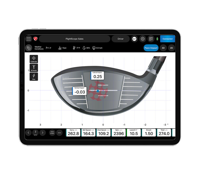 FlightScope impact tracker app on tablet showing golf driver face impact point and shot data metrics