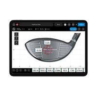 FlightScope impact tracker app on tablet showing golf driver face impact point and shot data metrics