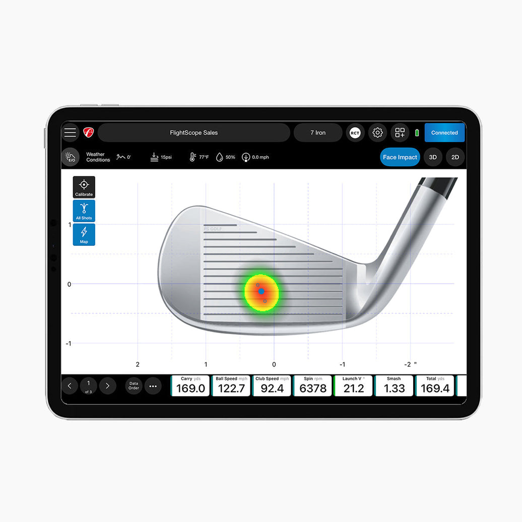 FlightScope impact tracker app on tablet showing golf iron face impact heatmap and swing metrics from FlightScope Golf US Store