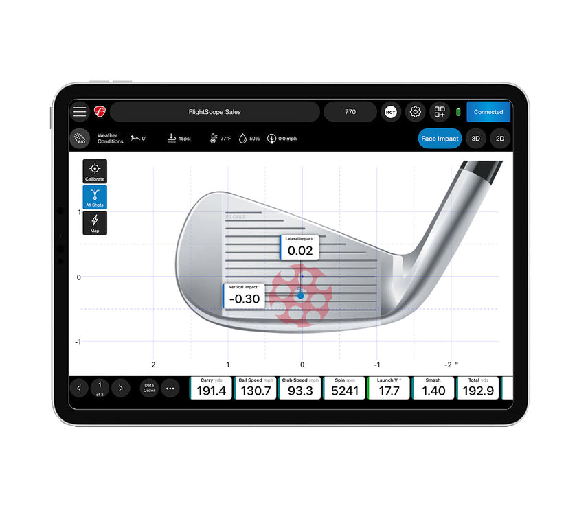 FlightScope impact tracker tablet display showing clubface impact map and shot data analytics