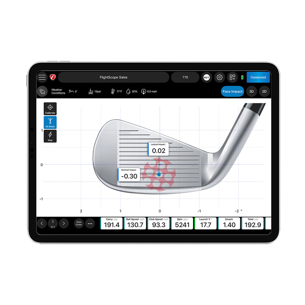 FlightScope impact tracker tablet display showing clubface impact map and shot data analytics