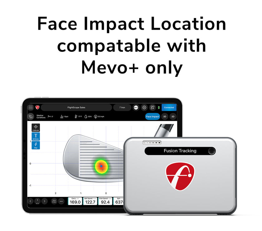 FlightScope impact tracker software screenshot on tablet showing club face heatmap beside Fusion Tracking device