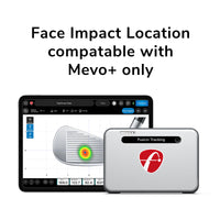 FlightScope impact tracker software screenshot on tablet showing club face heatmap beside Fusion Tracking device
