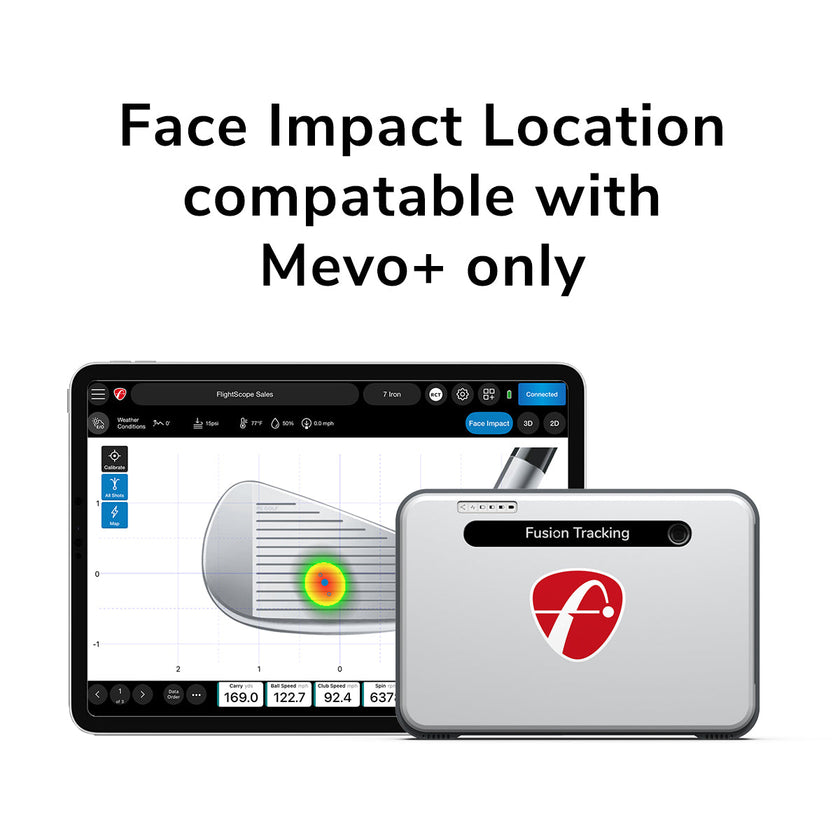 FlightScope impact tracker software screenshot on tablet showing club face heatmap beside Fusion Tracking device