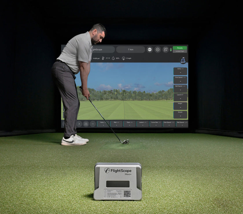 Golf indoor simulator setup with man swinging and FlightScope Mevo Plus launch monitor on turf