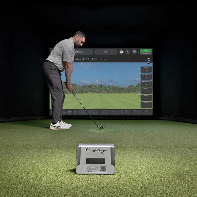 Golf indoor simulator setup with man swinging and FlightScope Mevo Plus launch monitor on turf