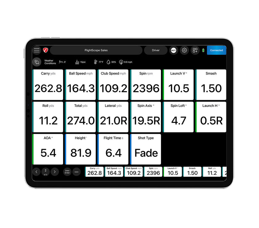 FlightScope Mevo Plus launch monitor tablet screen showing golf shot metrics carry ball speed spin axis