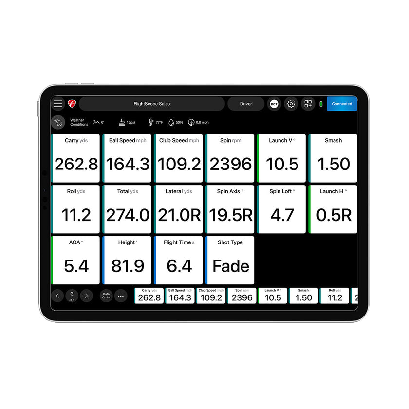 FlightScope Mevo Plus launch monitor tablet screen showing golf shot metrics carry ball speed spin axis