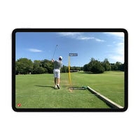 FlightScope Mevo Plus launch monitor showing tablet screen with golfer on driving range and shot data metrics