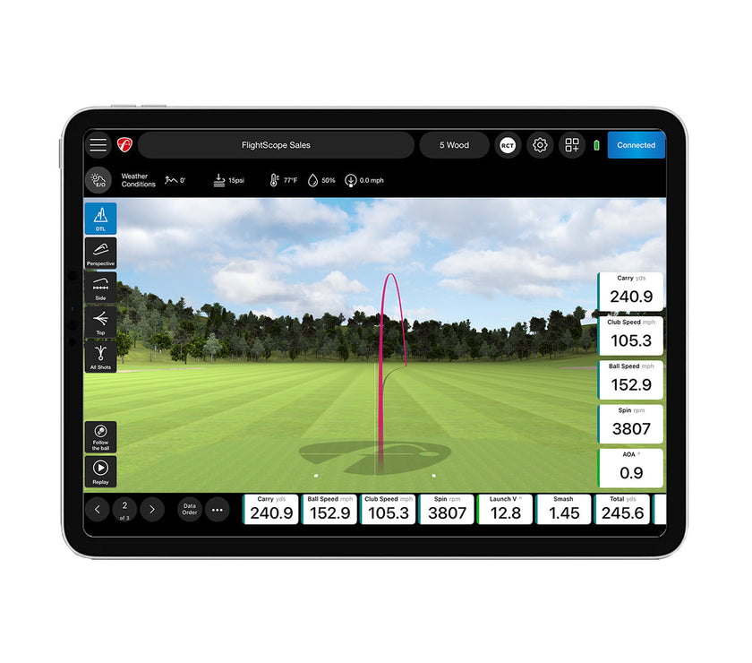 FlightScope Mevo Plus launch monitor tablet screen showing golf shot simulation and ball data readouts