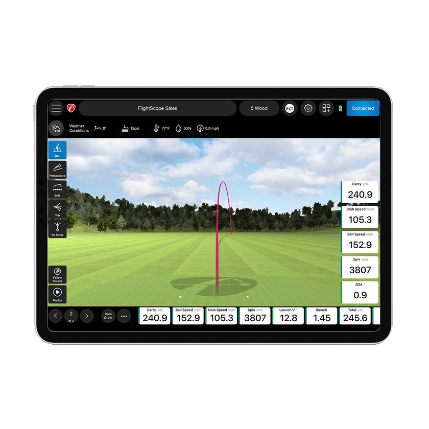 FlightScope Mevo Plus launch monitor tablet screen showing golf shot simulation and ball data readouts